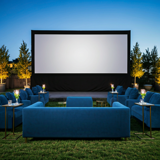 elegant corporate outdoor event with professional cinema setup and lounge seating for networking