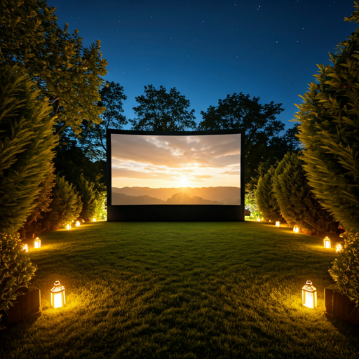 dramatic wide shot of a glowing outdoor cinema screen in a lush dark garden under moonlight with warm golden ambient lighting