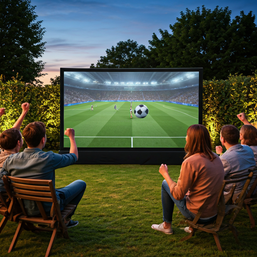 group of friends cheering and watching a football match on a huge outdoor projector screen in a garden